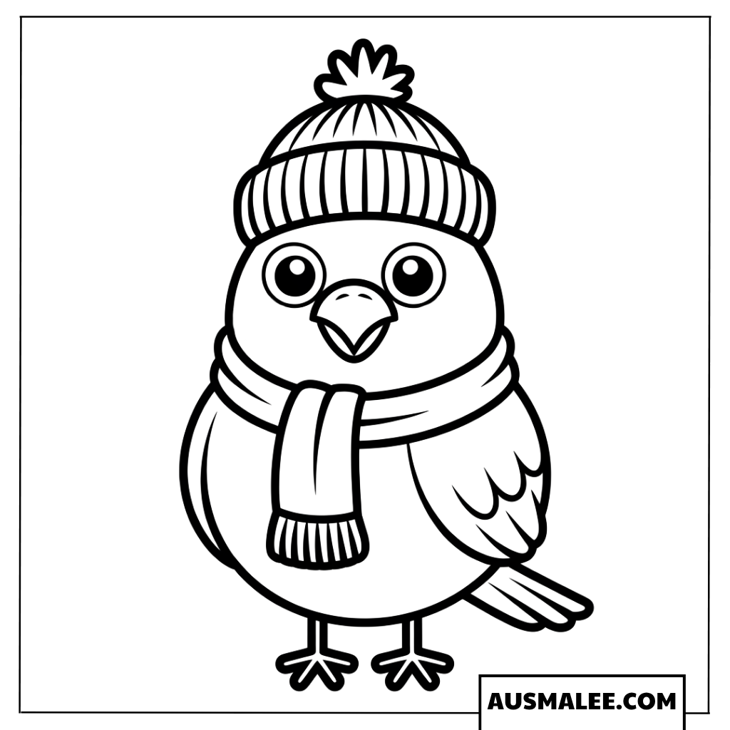 Ausmalbild eines Cartoon-Vogels mit Wintermütze und warmem Schal.