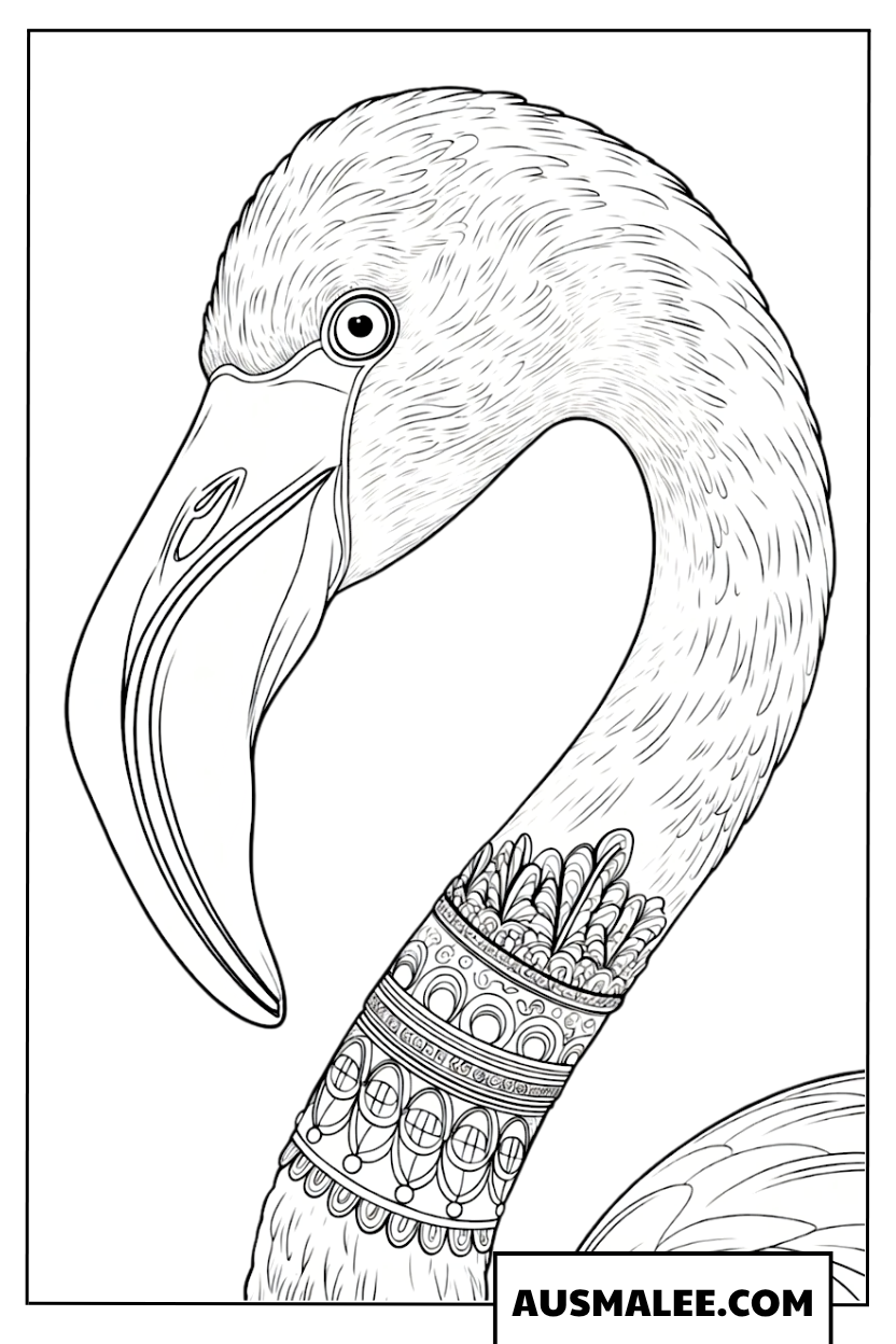 Ausmalbild eines Flamingo-Porträts mit komplizierten Mustern.