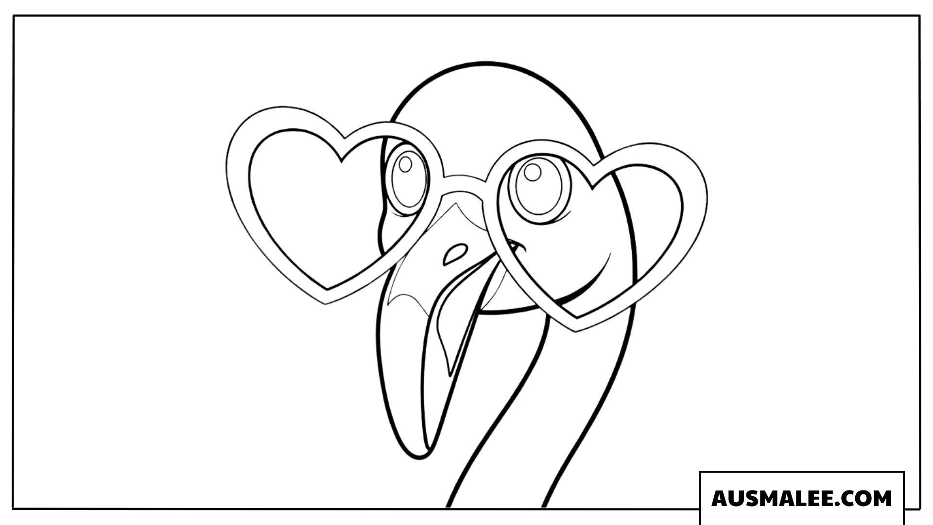 Ausmalbild eines Flamingokopfes mit herzförmiger Brille.