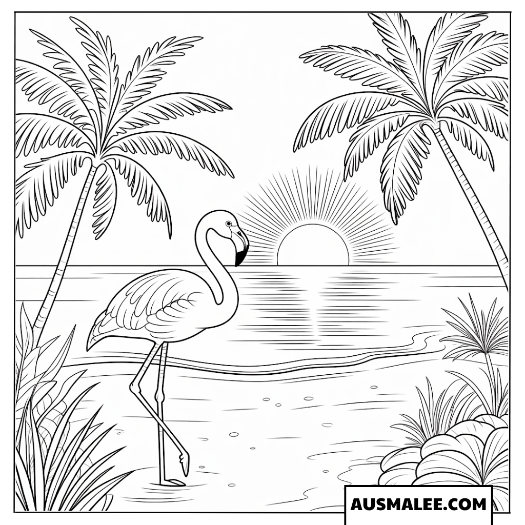 Ausmalbild eines Flamingos am Strand bei Sonnenuntergang.