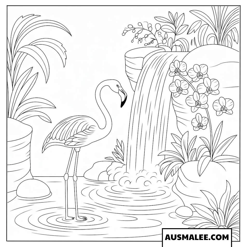 Ausmalbild eines Flamingos am Wasserfall mit Orchideen.