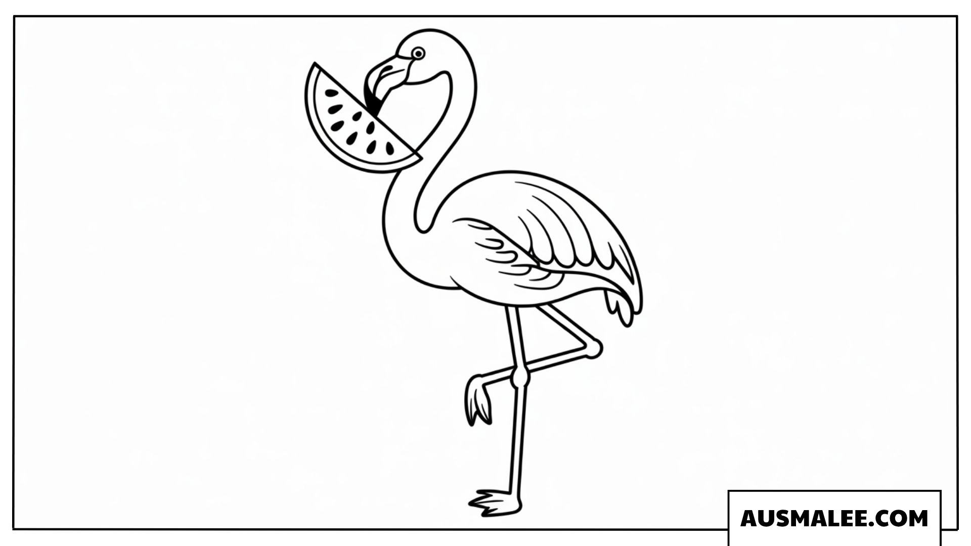 Ausmalbild eines Flamingos auf einem Bein mit Wassermelone.