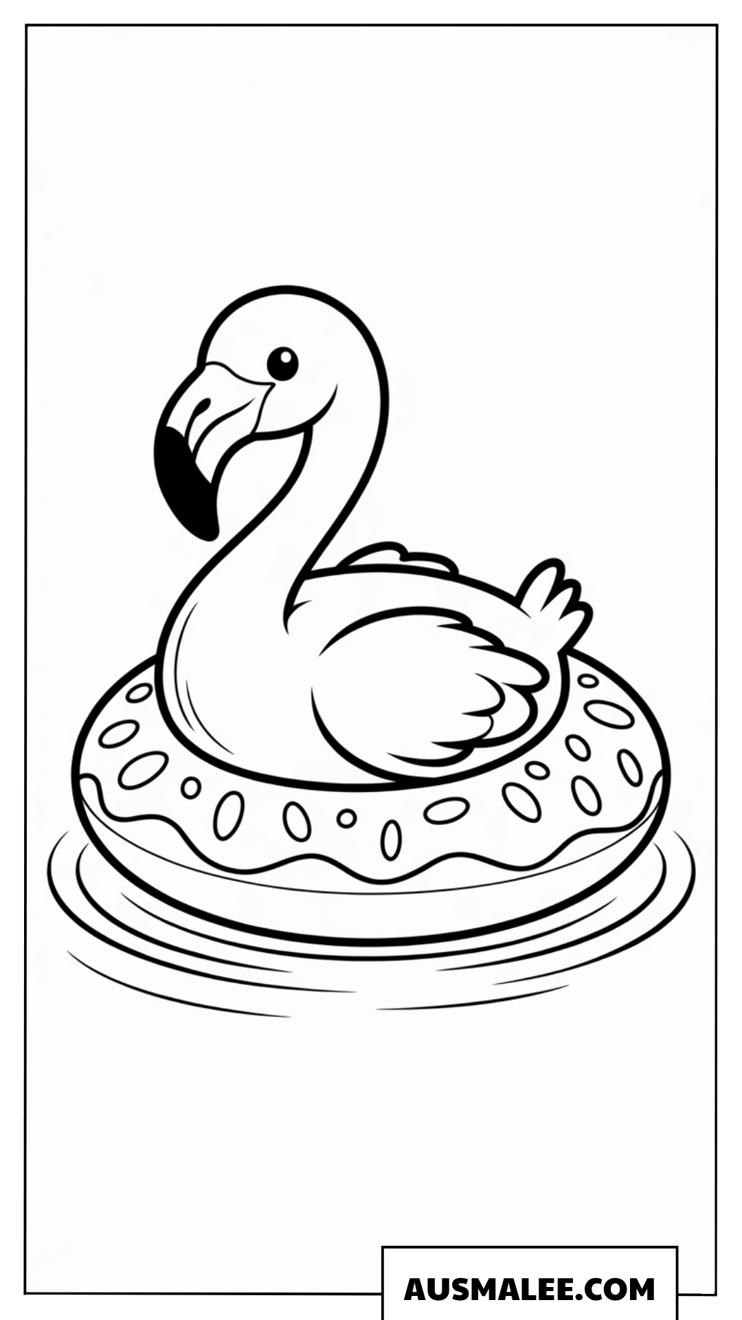 Ausmalbild eines Flamingos auf einem Donut-Schwimmring.