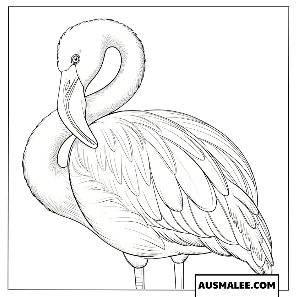 Ausmalbild eines Flamingos beim Putzen seines Gefieders.