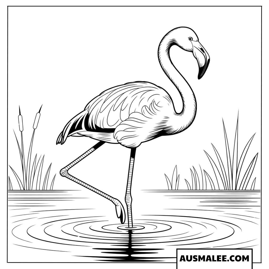 Ausmalbild eines Flamingos im Wasser.