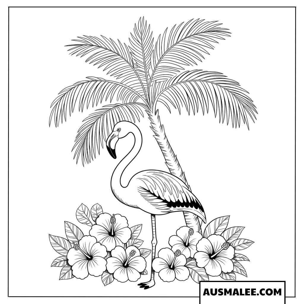 Ausmalbild eines Flamingos mit Palme und Hibiskusblüten.