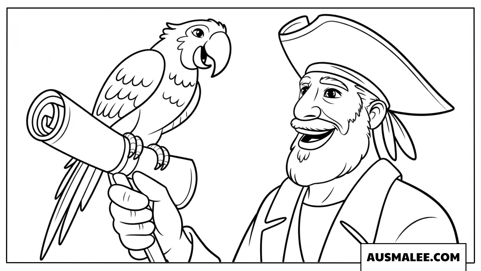 Ausmalbild eines Piratenkapitäns mit seinem weisen Papagei.