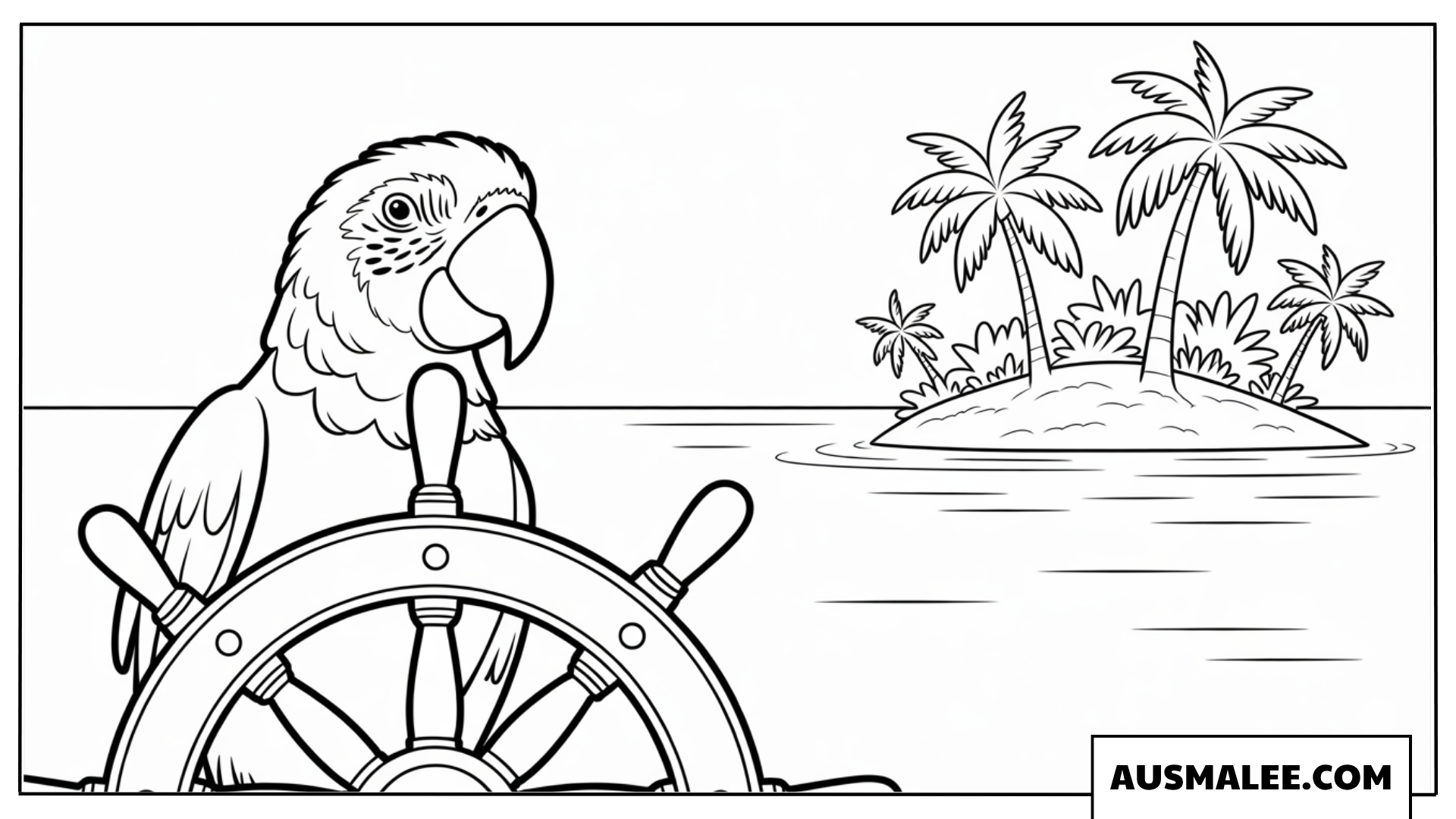 Ausmalbild eines Piratenpapageis am Steuerrad eines Schiffes.