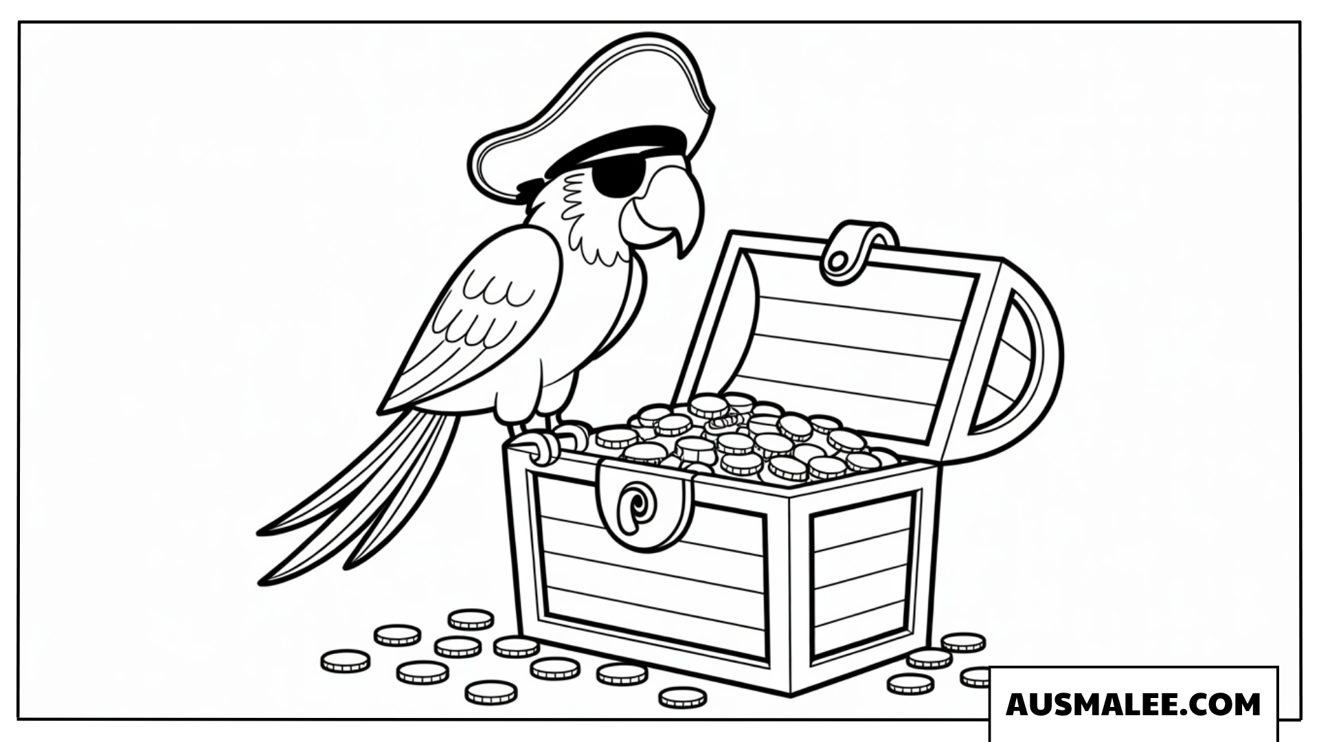 Ausmalbild eines Piratenpapageis auf einer Schatztruhe voller Gold.