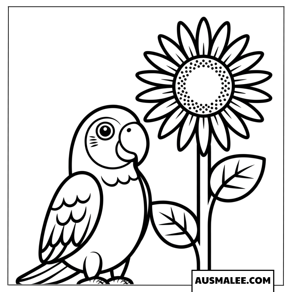 Ausmalbild eines kleinen Papageis neben einer Sonnenblume.