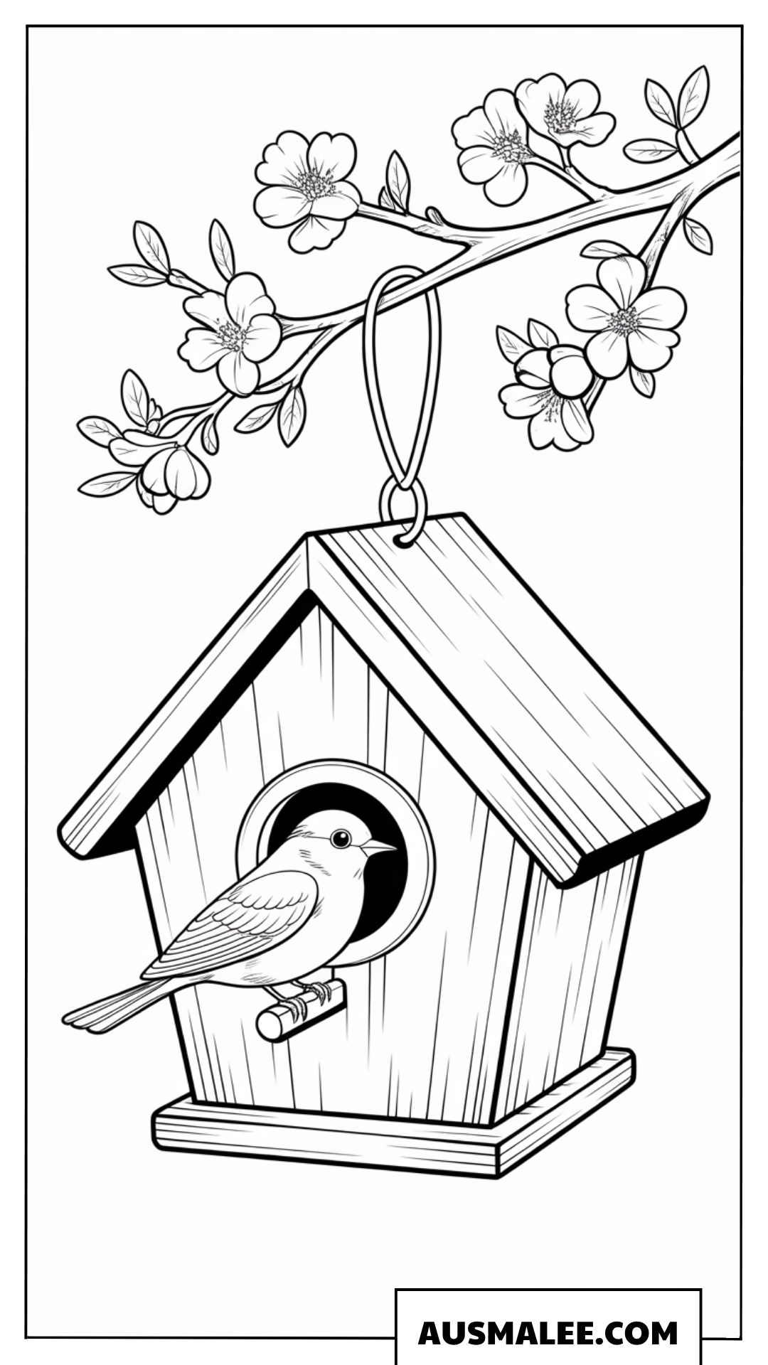 Ausmalbild eines kleinen Vogels an einem hängenden Vogelhaus aus Holz.