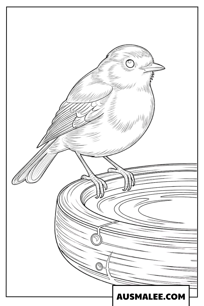 Ausmalbild eines kleinen Vogels auf einer Vogeltränke.