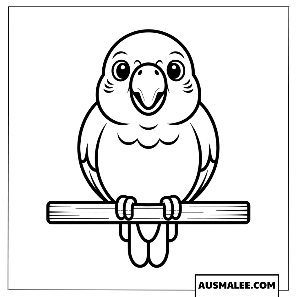 Ausmalbild eines niedlichen kleinen Cartoon-Papageis auf einer Holzstange.