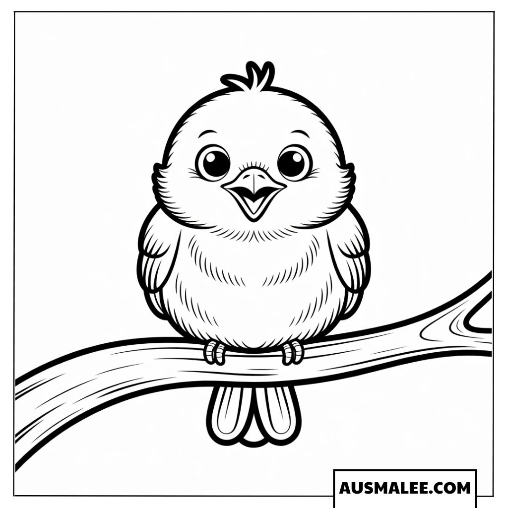 Ausmalbild eines niedlichen kleinen Cartoon-Vogels auf einem Ast.