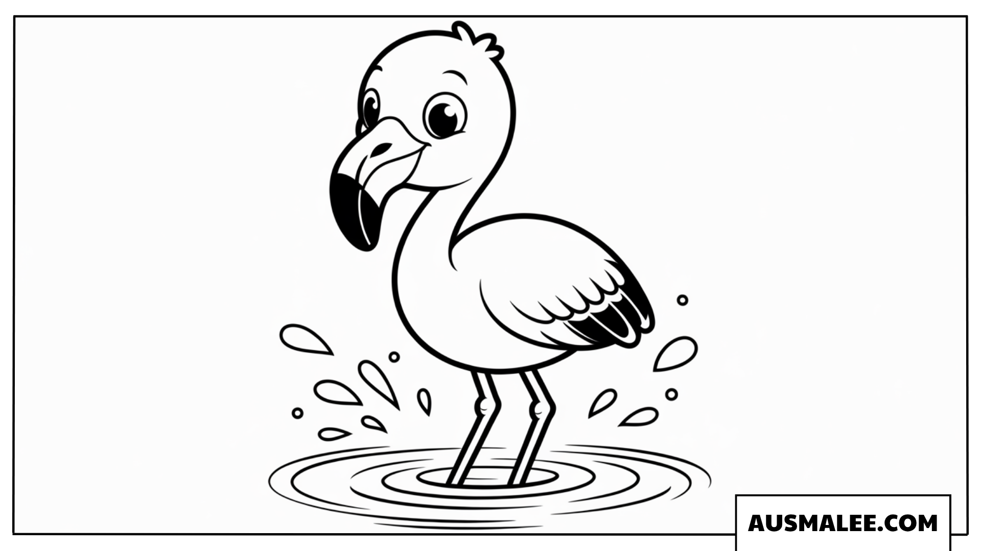 Ausmalbild eines niedlichen kleinen Flamingos beim Planschen im Wasser.