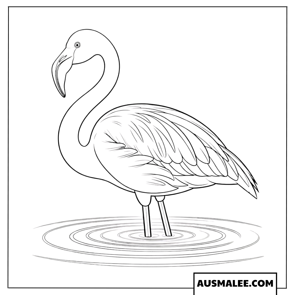 Ausmalbild eines stillen Flamingos am See.