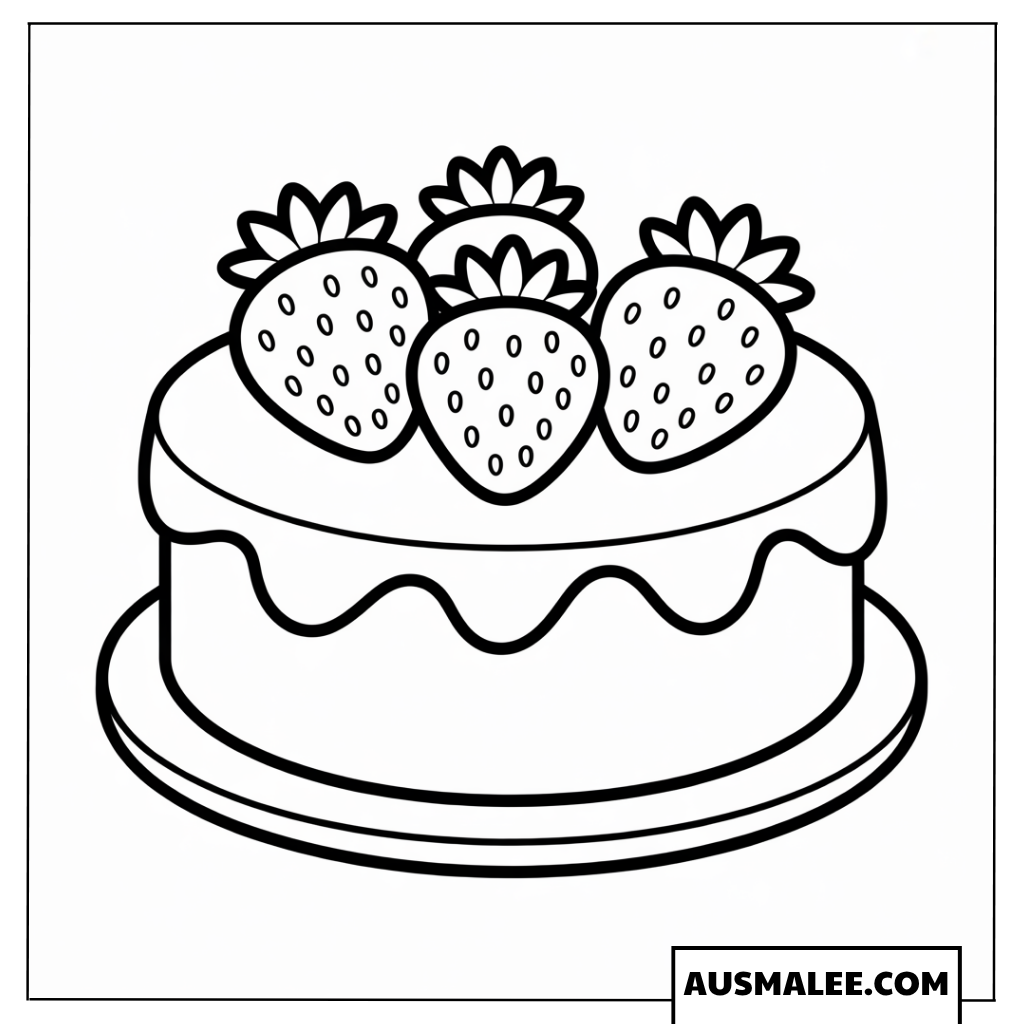 Ausmalbild einfacher Kuchen mit drei Erdbeeren