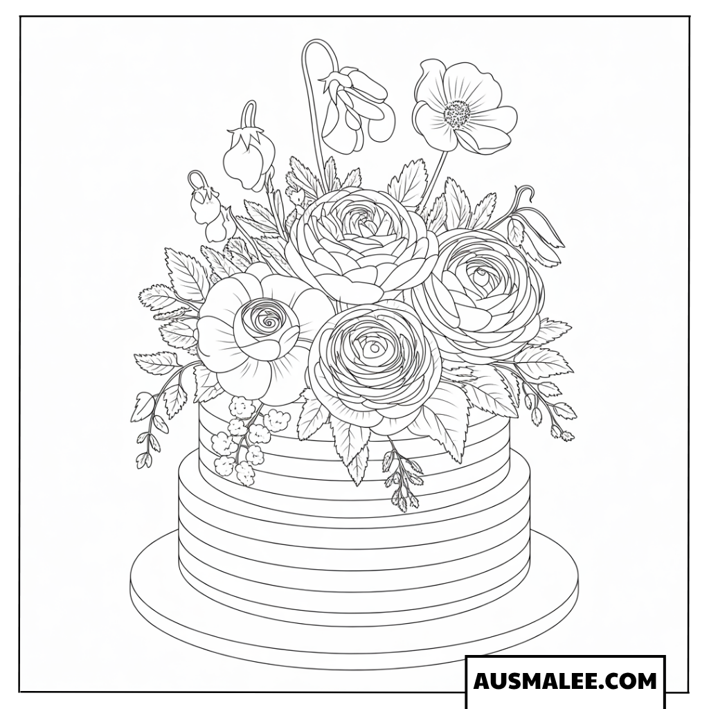 Ausmalbild einstöckige Torte mit echten Blumen