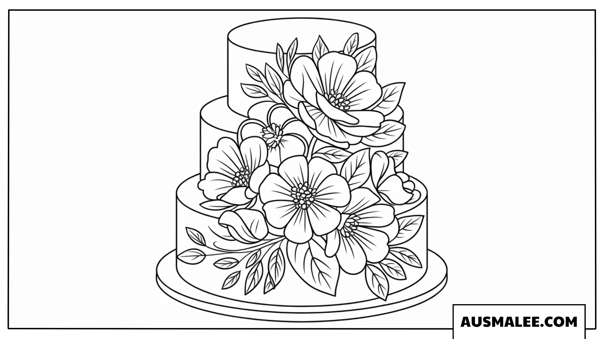 Ausmalbild elegante dreistöckige Torte mit Rosen