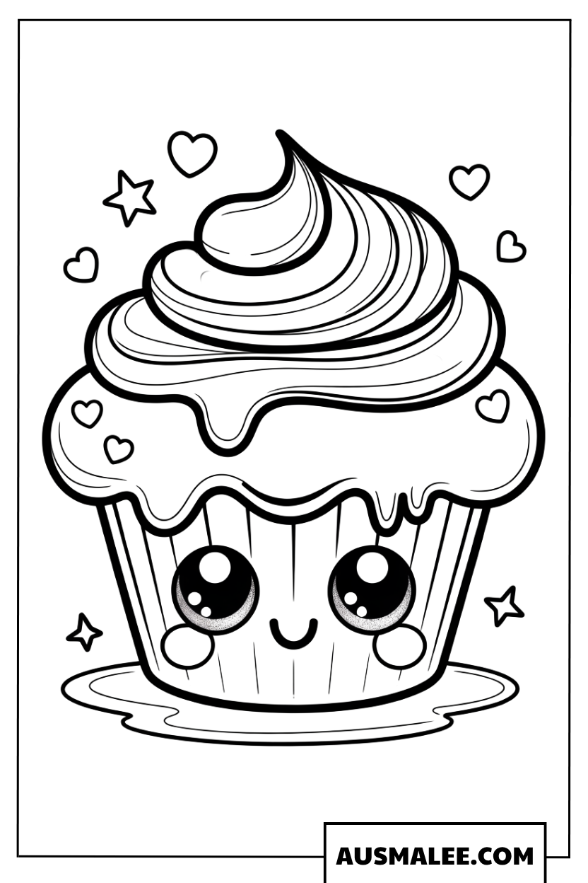 Ausmalbild funkelnder Kawaii-Cupcake