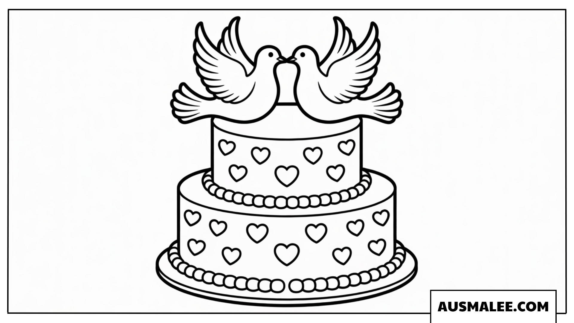 Ausmalbild klassische zweistöckige Hochzeitstorte mit Taubenpaar