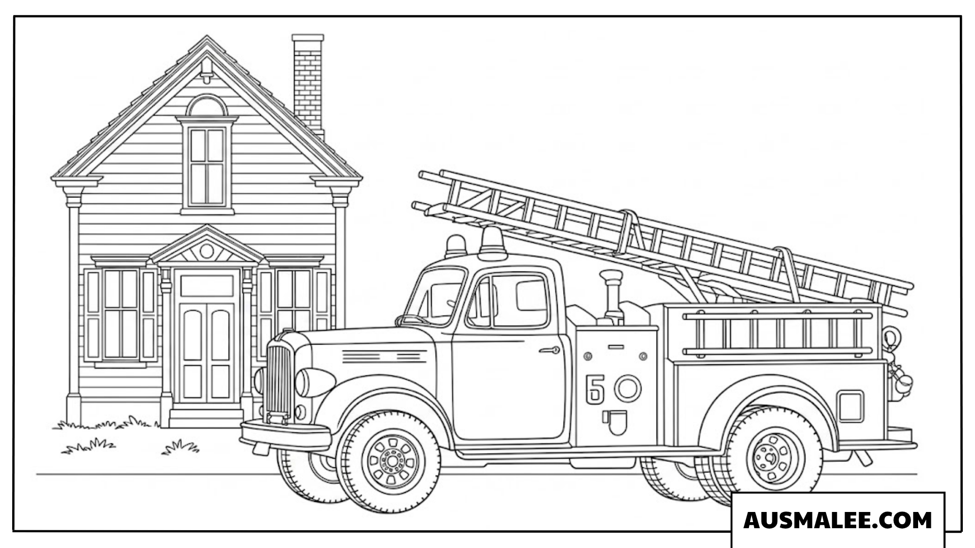 Ausmalbild klassisches Feuerwehrauto neben Wohnhaus