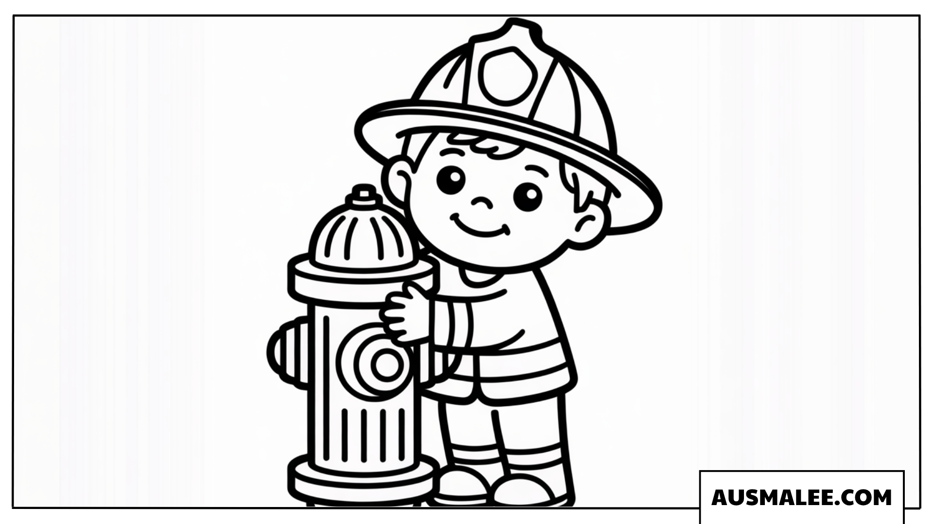 Ausmalbild kleiner Cartoon-Feuerwehrmann umarmt Hydranten