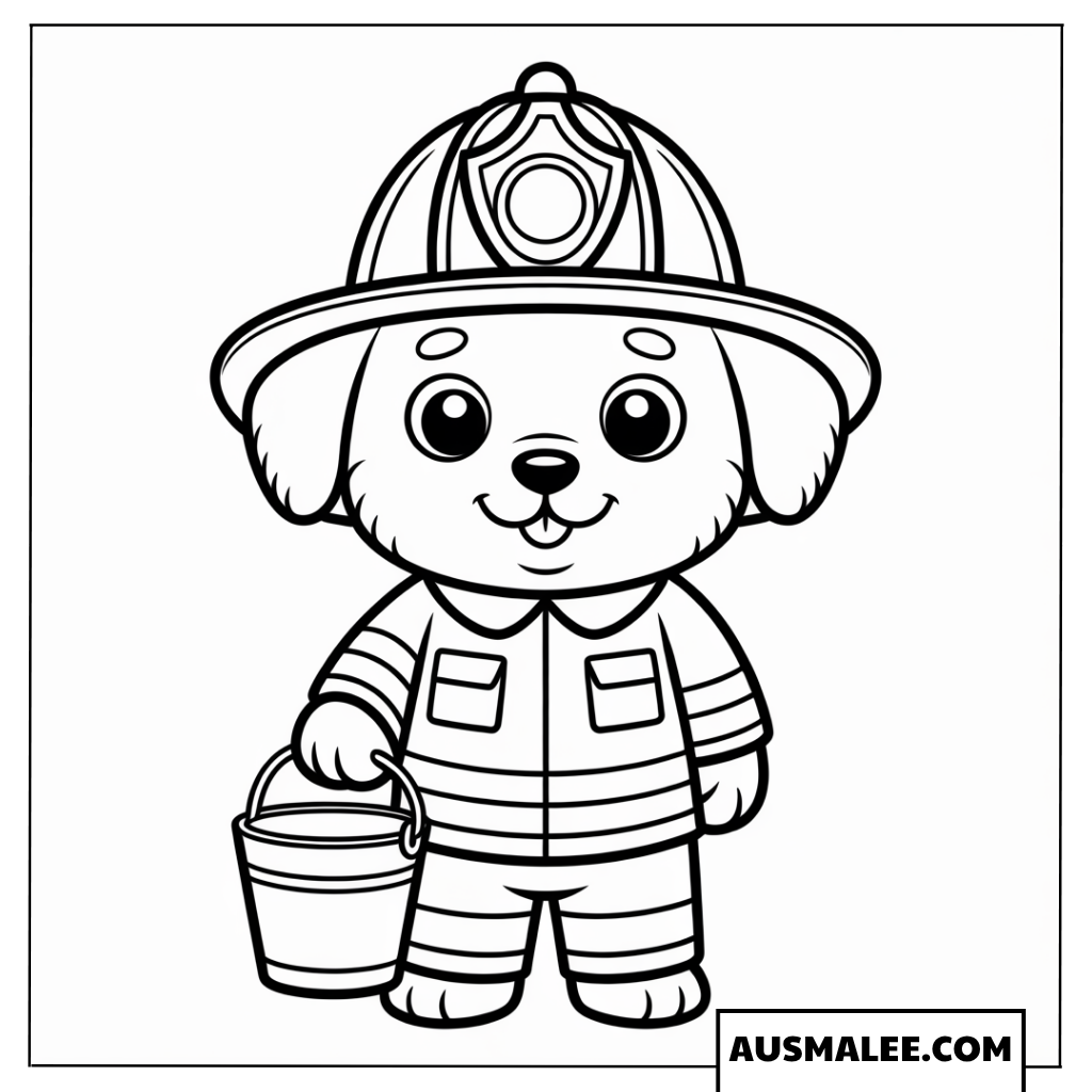 Ausmalbild kleiner Feuerwehrhund mit Wassereimer