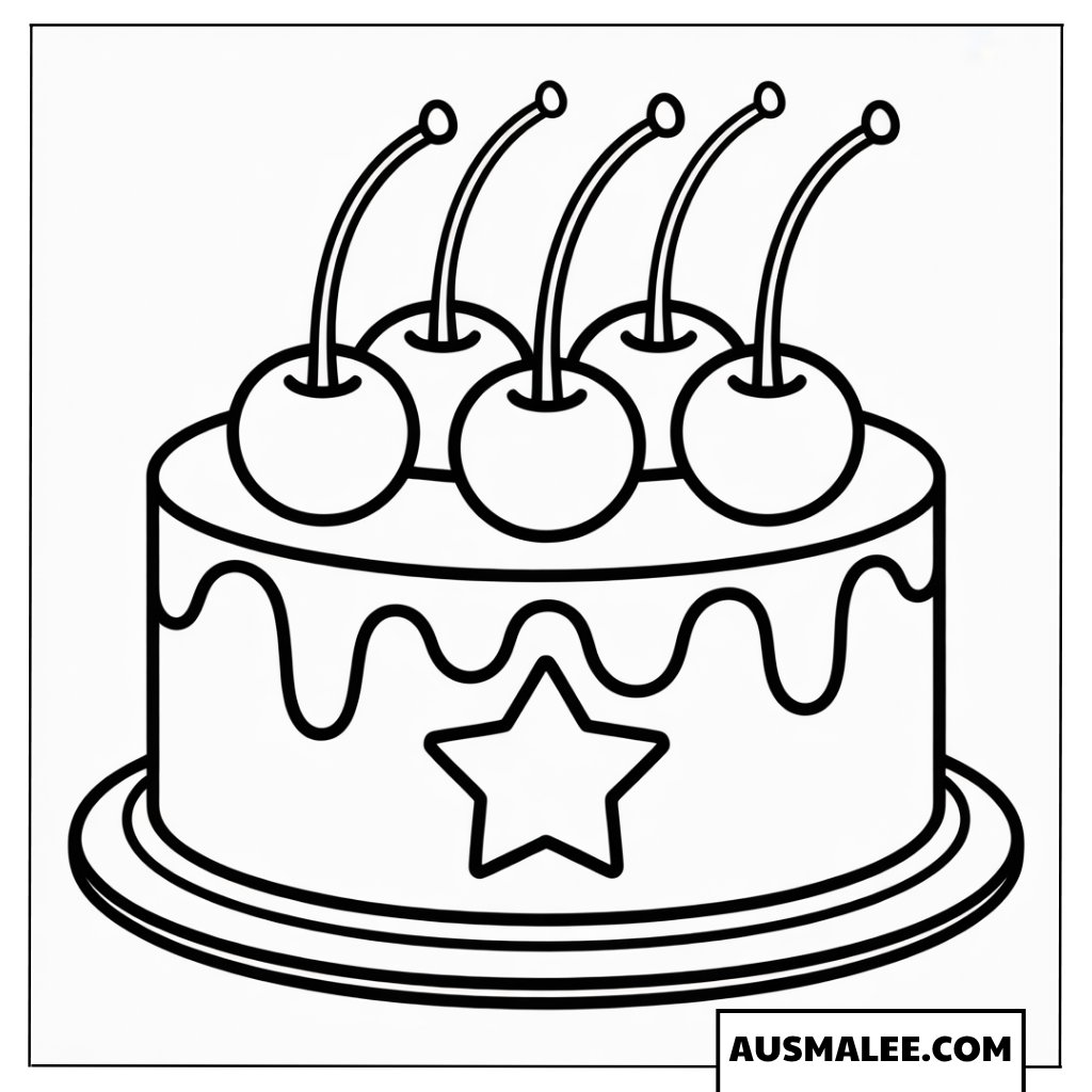 Ausmalbild kleiner Kuchen mit Stern und vier Kirschen