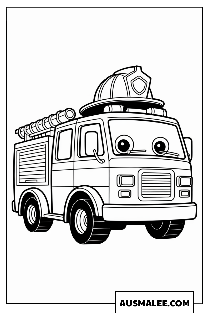 Ausmalbild kleines lächelndes Mini-Feuerwehrauto