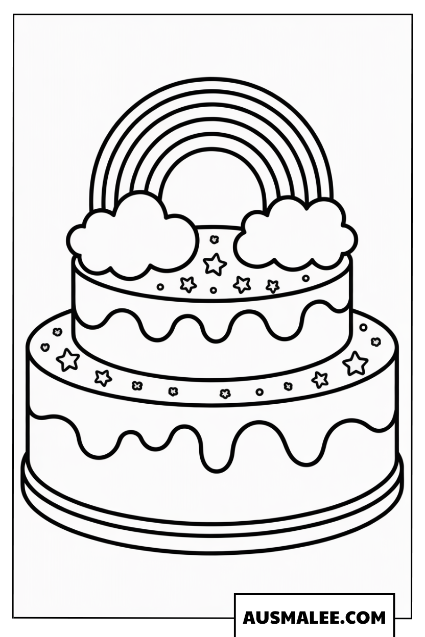 Ausmalbild lustige Regenbogen-Hochzeitstorte