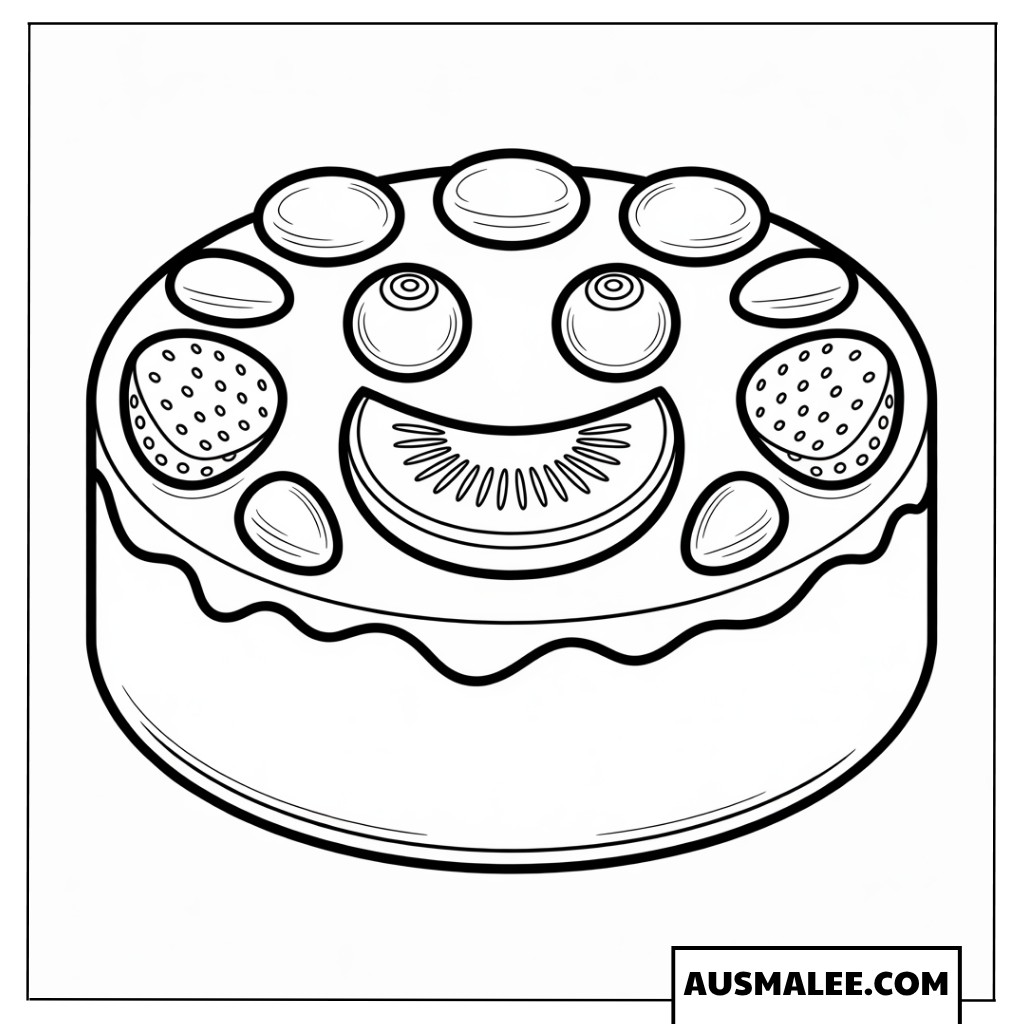 Ausmalbild lustiger Fruchtkuchen mit Smiley-Gesicht