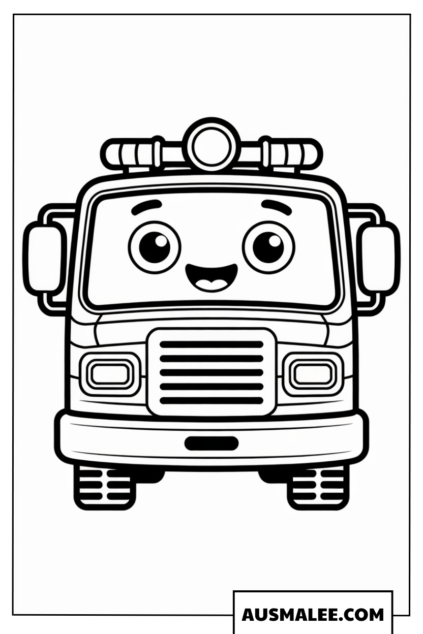 Ausmalbild lustiges Zeichentrick-Feuerwehrauto mit Gesicht