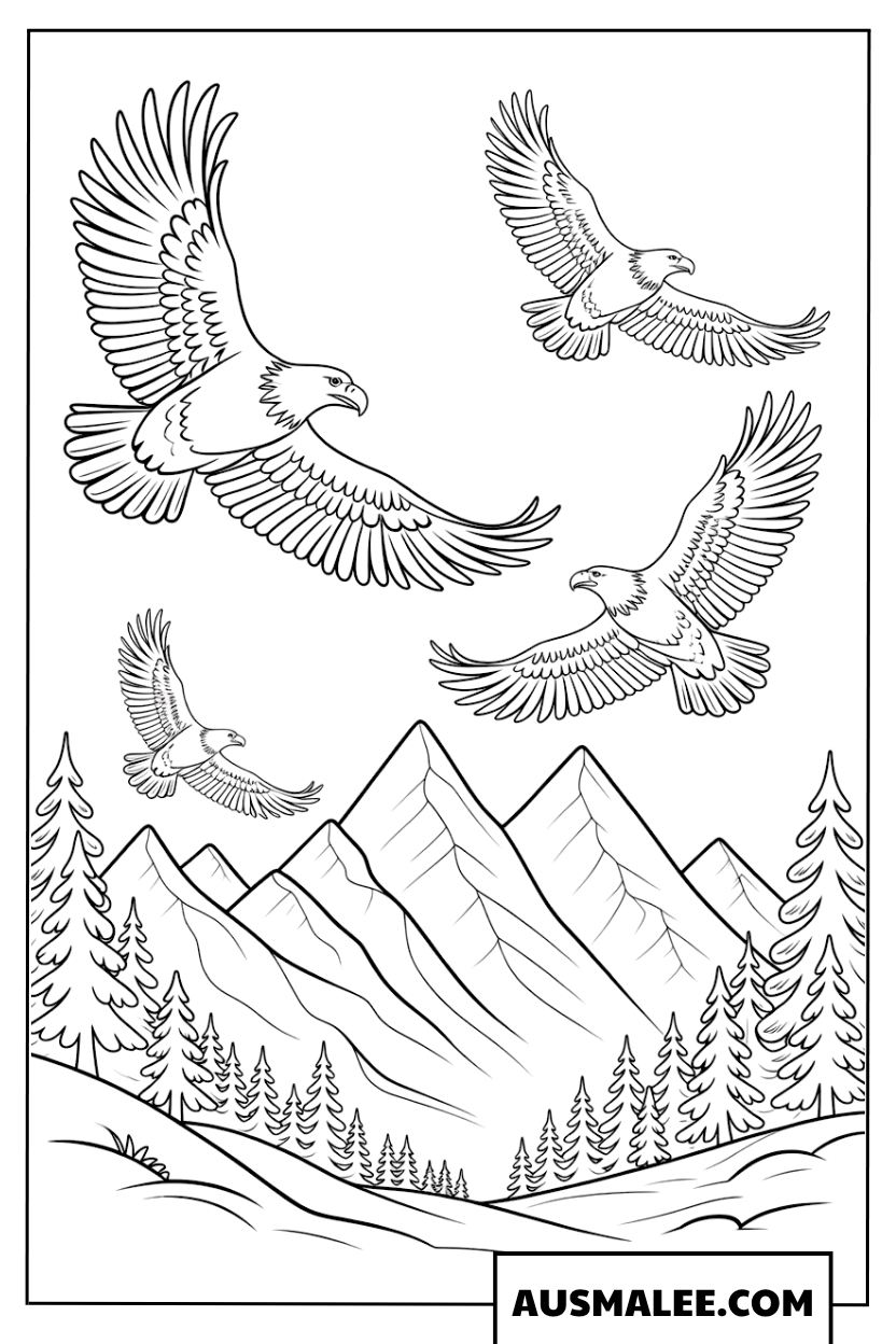 Ausmalbild mehrerer Adler über einem wilden Bergtal.