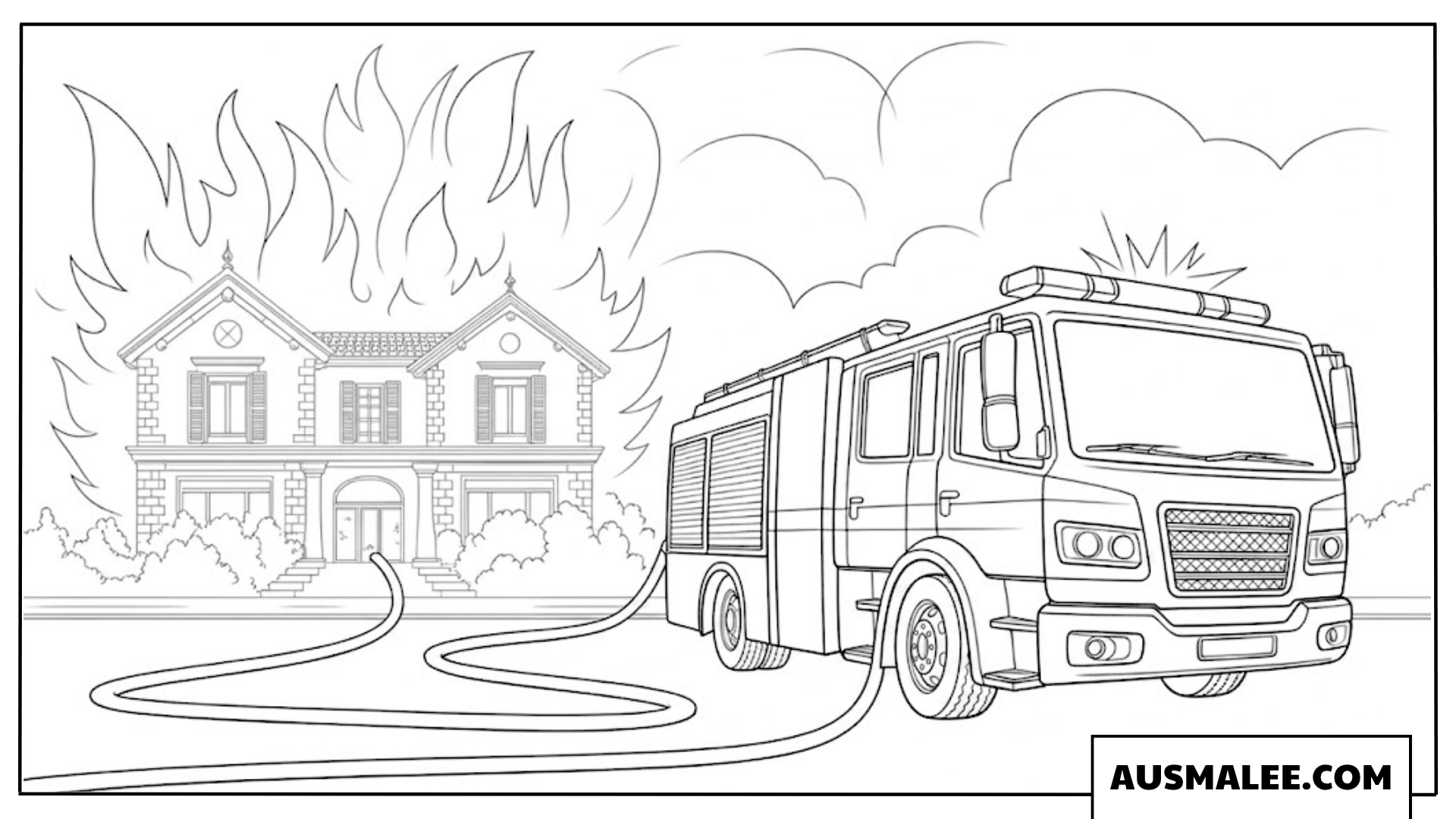 Ausmalbild modernes Löschfahrzeug am brennenden Einfamilienhaus