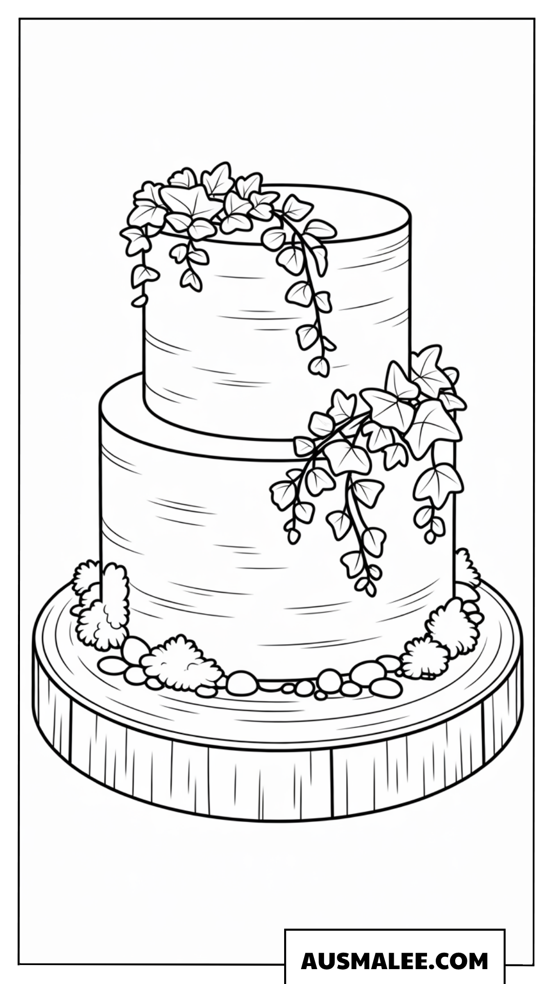 Ausmalbild rustikale Hochzeitstorte auf einer Holzscheibe