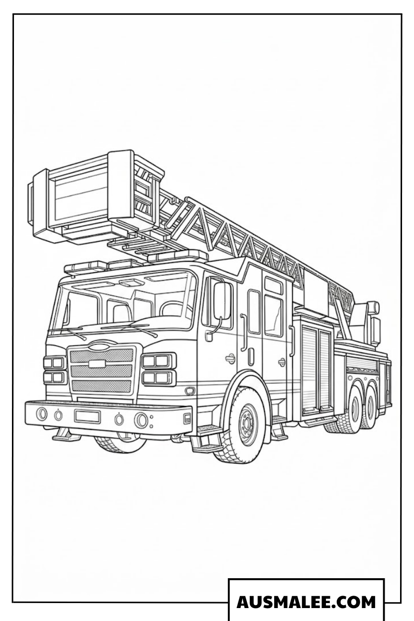 Ausmalbild schwerer Feuerwehr-Tankwagen mit Ausrüstung