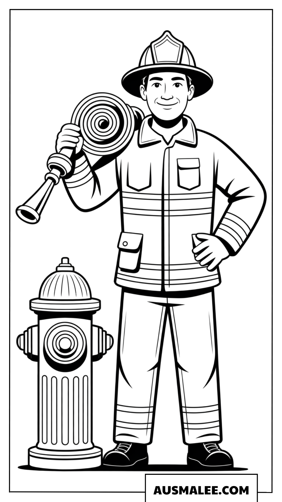 Ausmalbild stolzer Feuerwehrmann mit Schlauchrolle am Hydranten