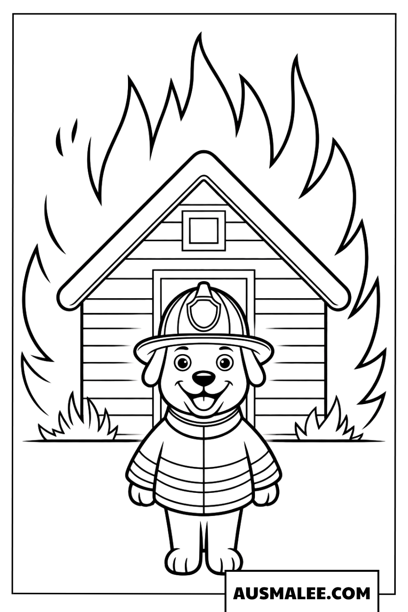 Ausmalbild süßer Feuerwehrhund vor kleinem Haus