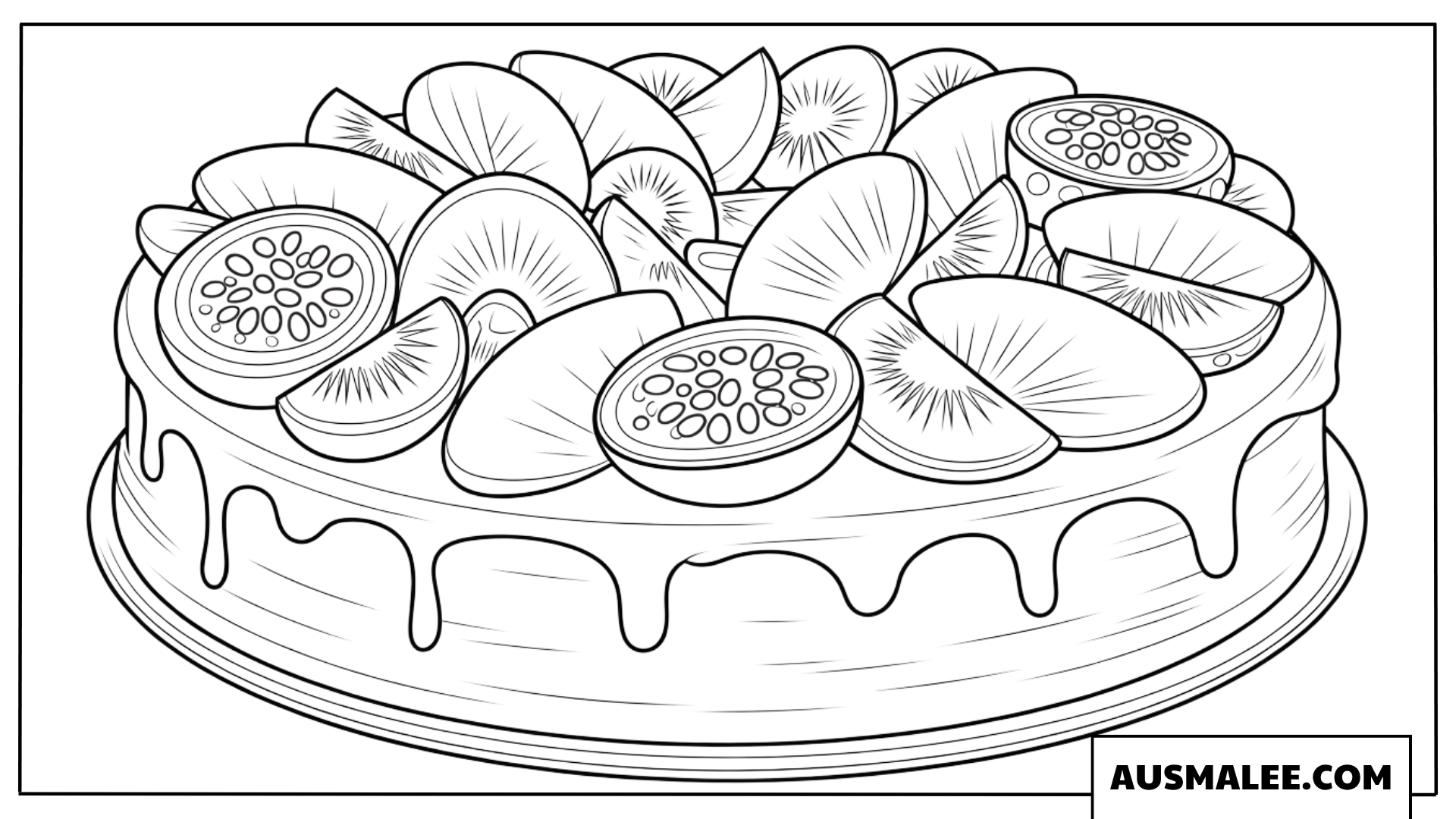 Ausmalbild tropischer Fruchtkuchen mit Glasur