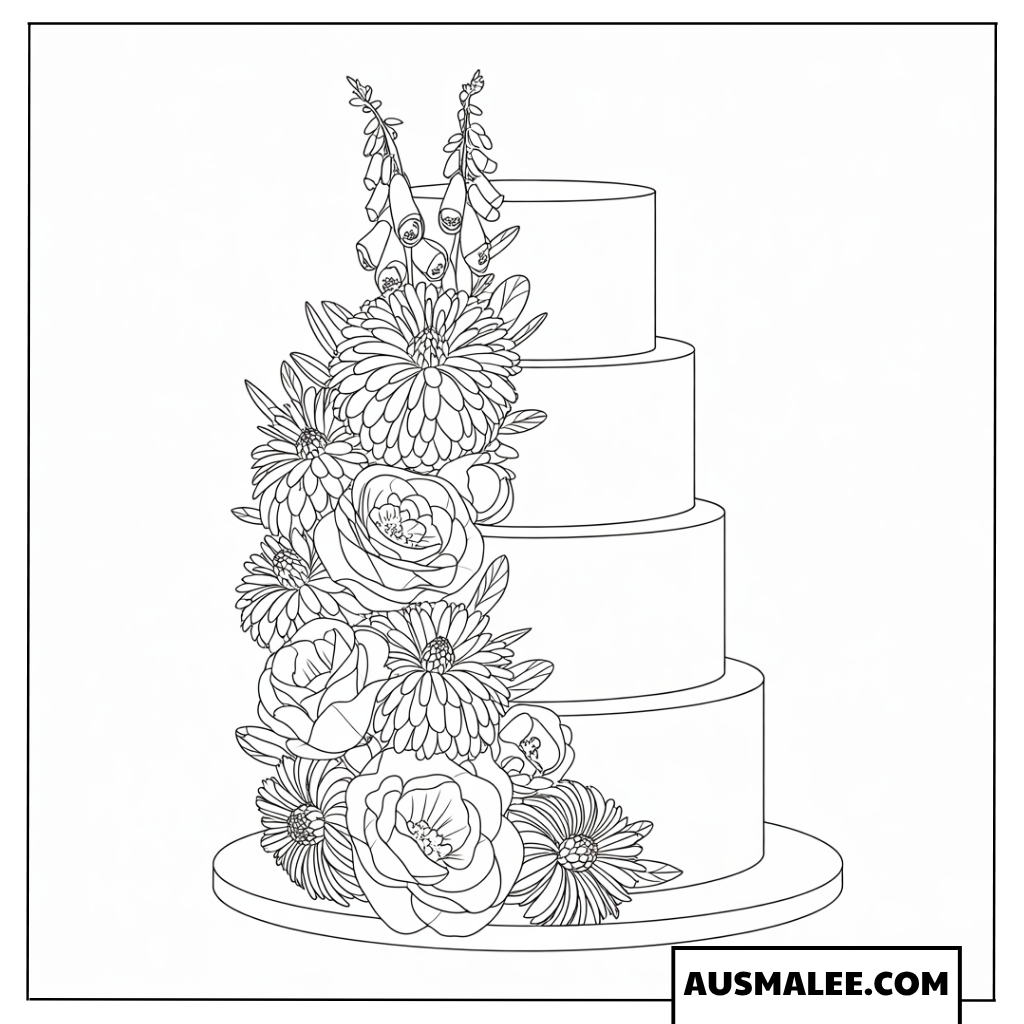 Ausmalbild vierstöckige Hochzeitstorte mit Blumenwasserfall