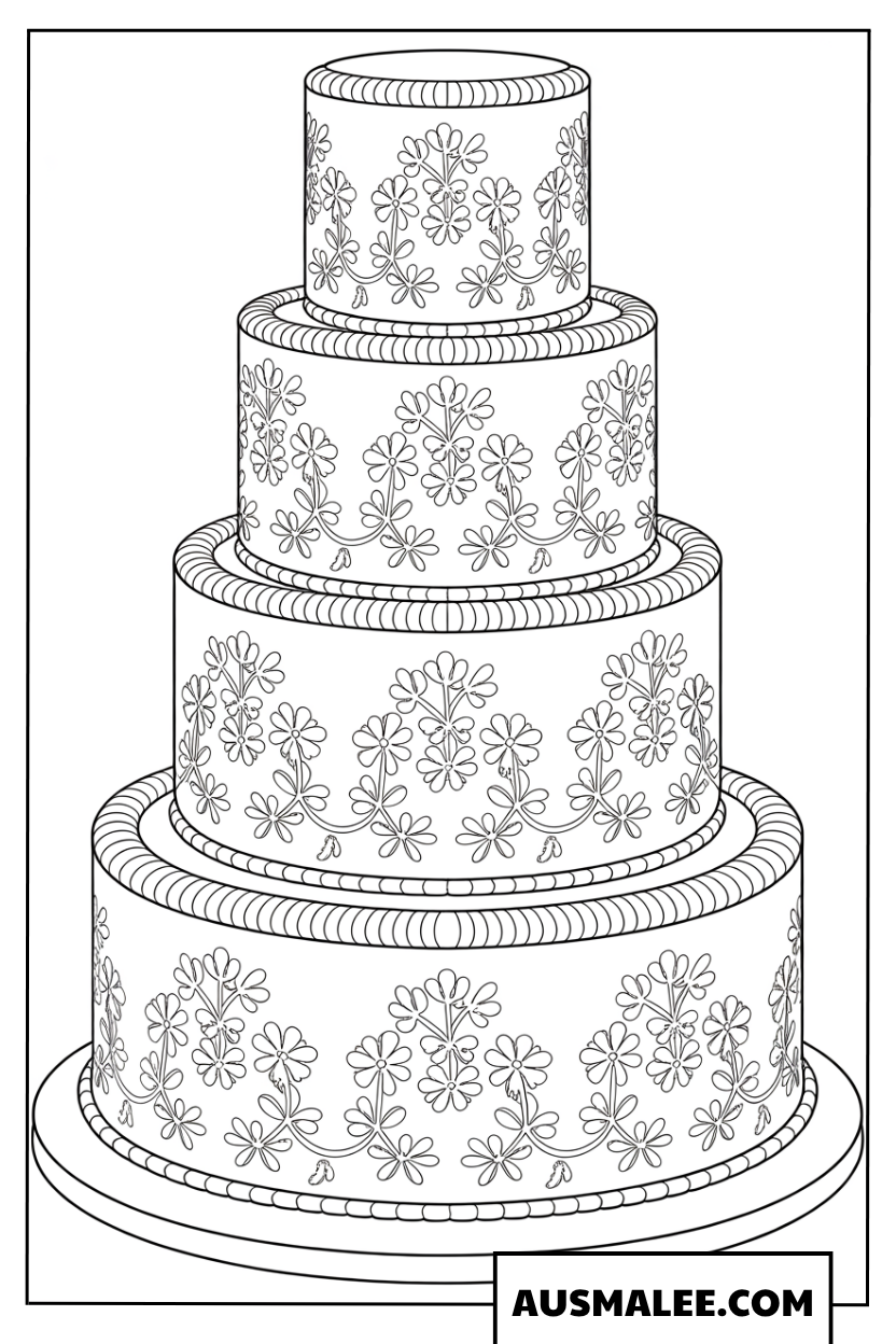 Ausmalbild vierstöckige Hochzeitstorte mit edlem Spitzenmuster