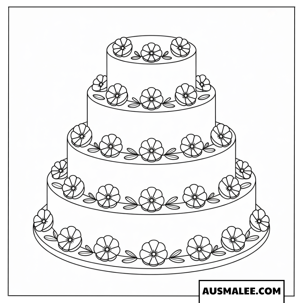 Ausmalbild vierstöckige Hochzeitstorte mit kleinen Blumen