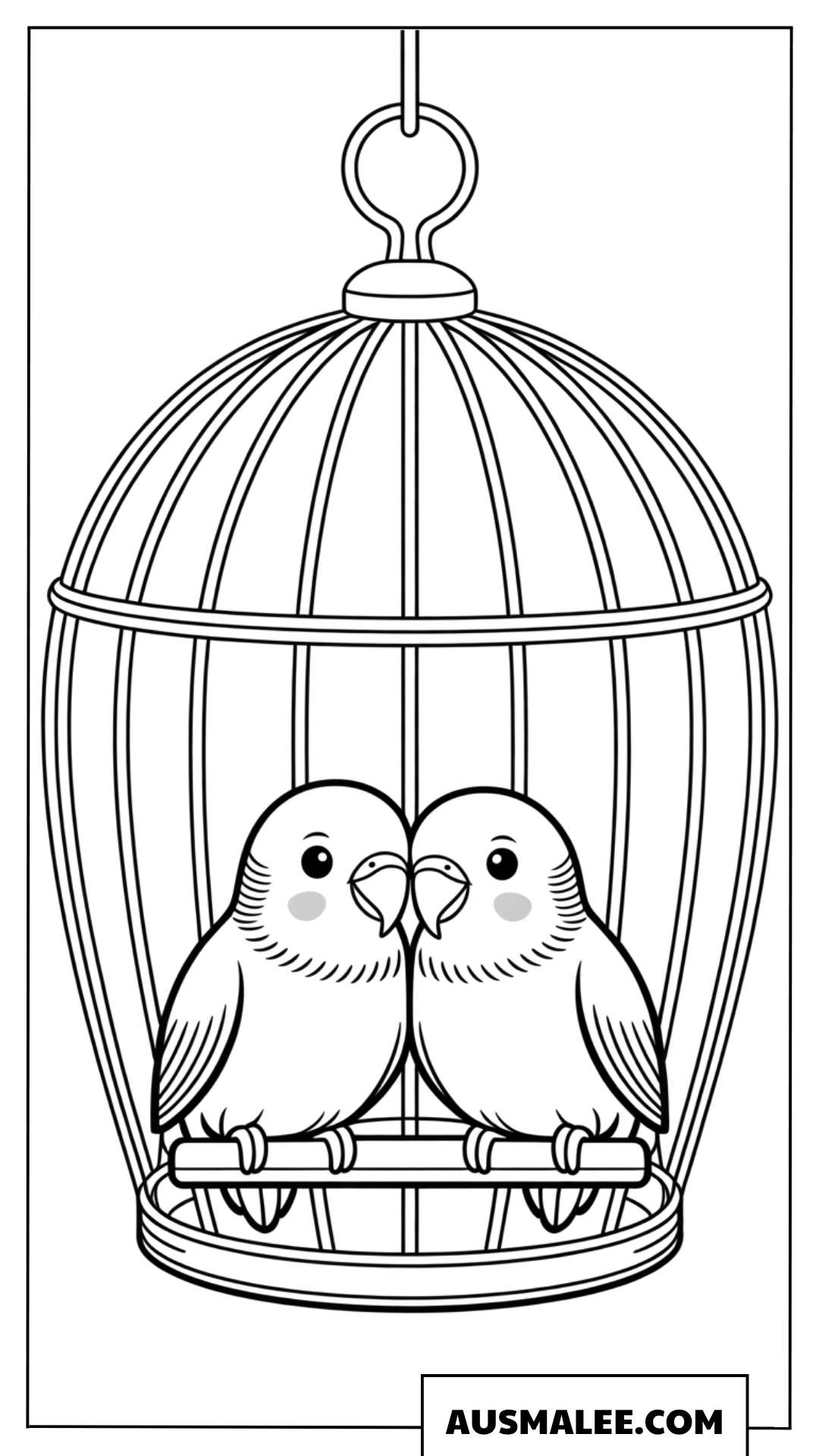 Ausmalbild von zwei Lovebirds in einem Käfig.