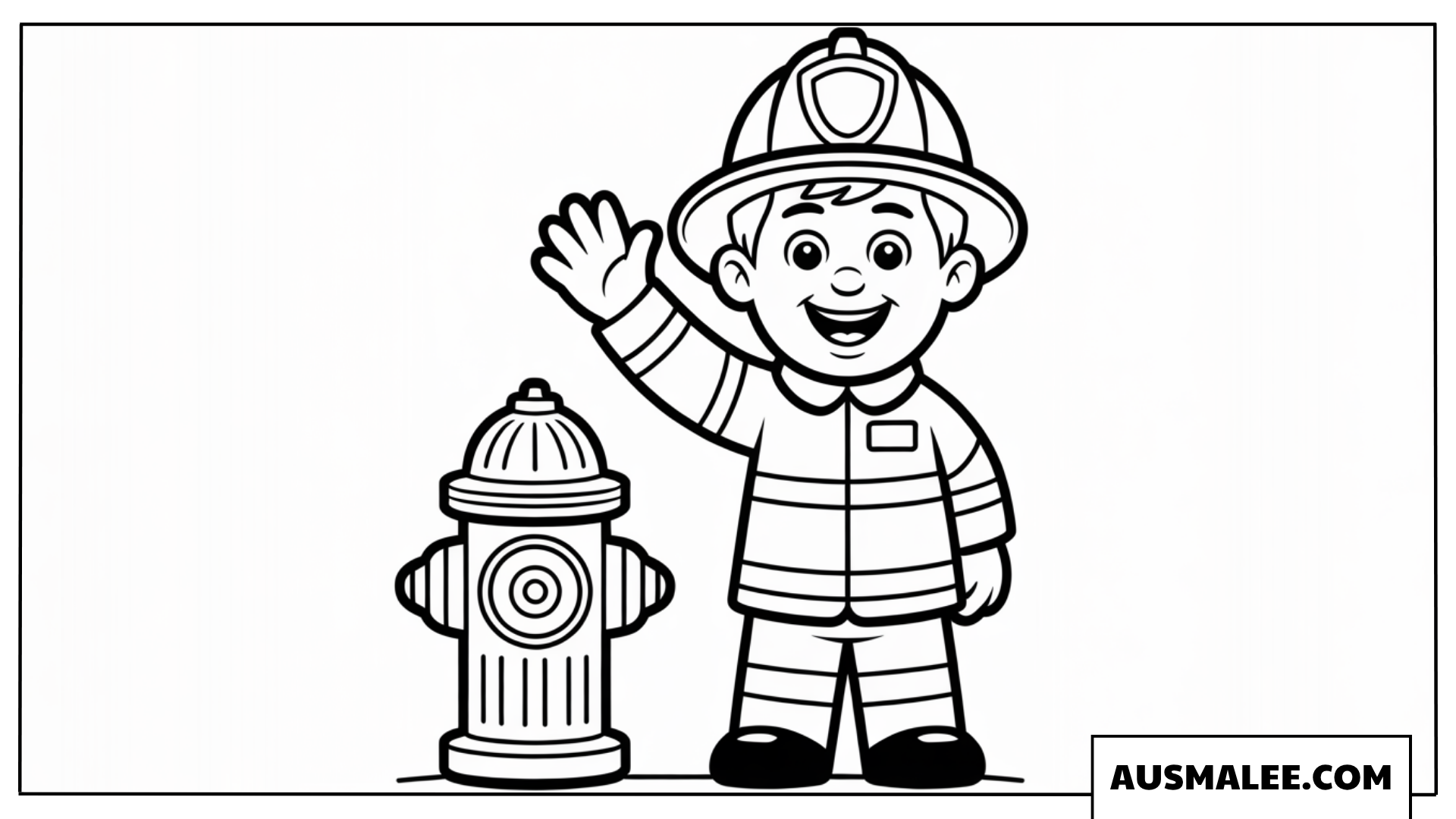 Ausmalbild winkender Feuerwehrjunge neben Hydrant