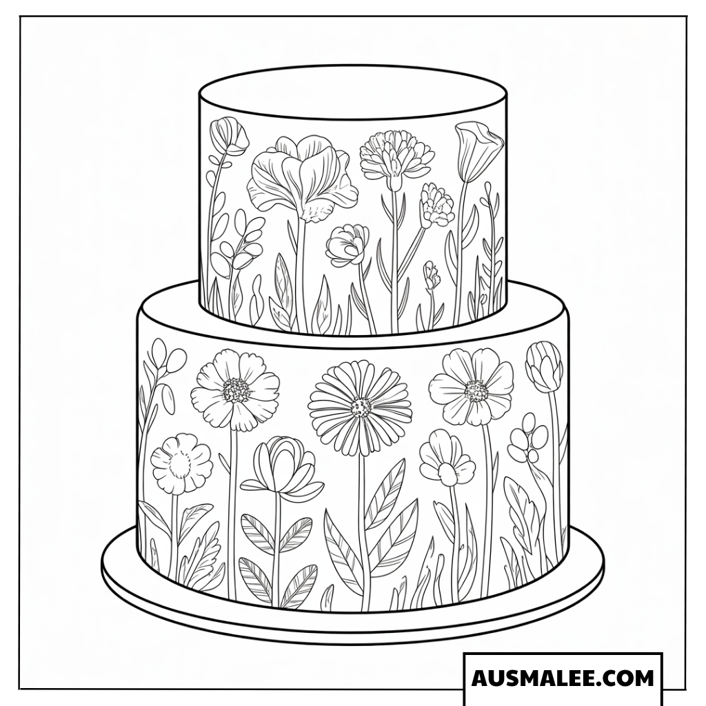 Ausmalbild zweistöckige Hochzeitstorte mit Tulpenfeld