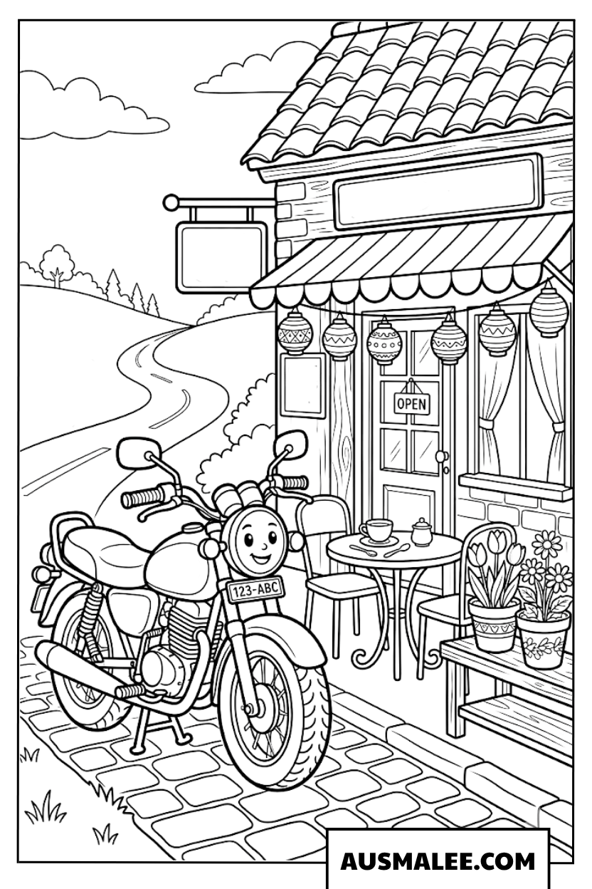 Kleurplaat Klassieke motor voor het café