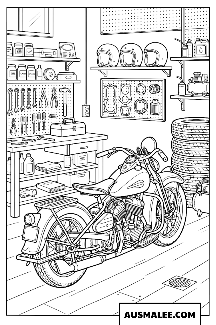 Kleurplaat Motor in de werkplaats