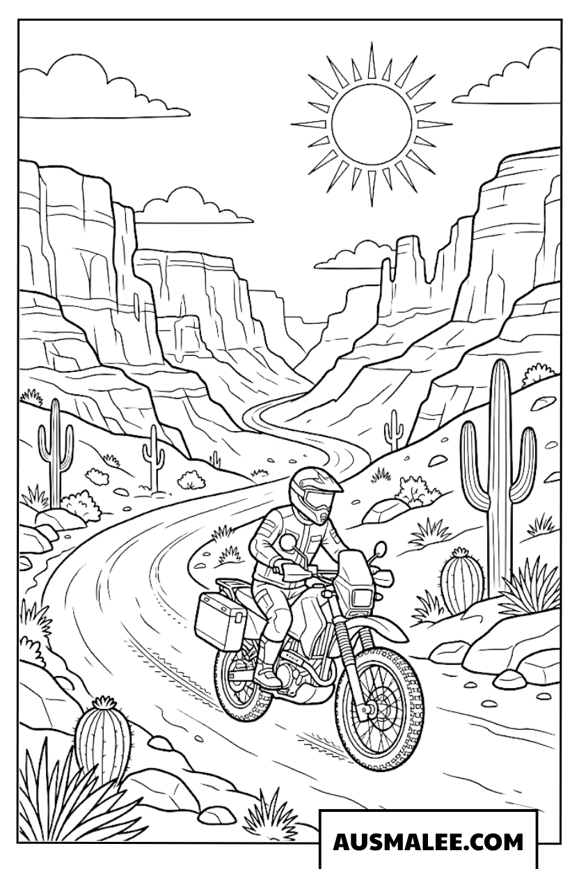 Kleurplaat Motorreis door de canyon