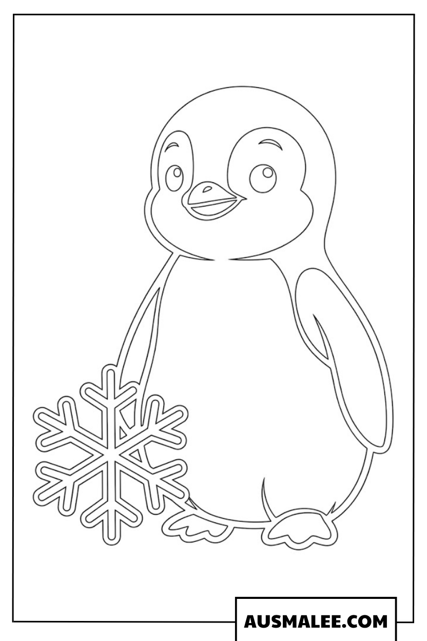 Baby Pinguin Ausmalbild mit großer Schneeflocke